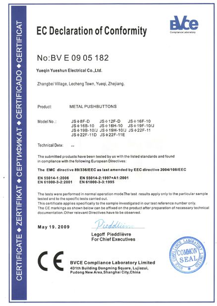 China Yueqing Yueshun Electric Co., Ltd. Certificações